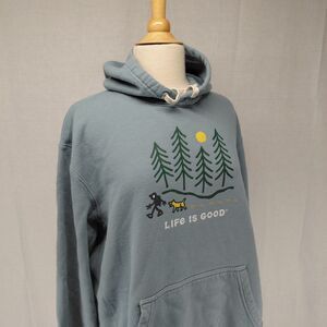 Life is Good Hiking through the Woods Every Wear Hoodie Sweatshirt Lt Blue Sz XL